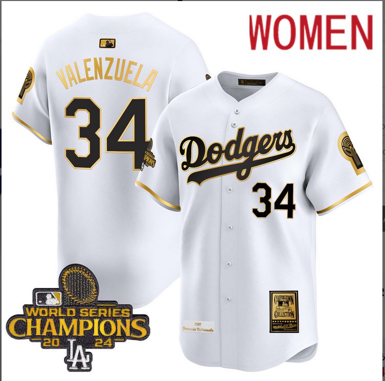 Women MLB Los Angeles Dodgers #34 Valenzuela white 2024 World Series Champions Patch Cooperstown Jersey style 3